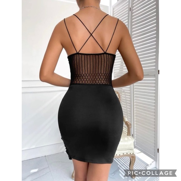 Black Evening Gala Party Criss Cross Sheer Dress Size Large - Picture 2 of 7